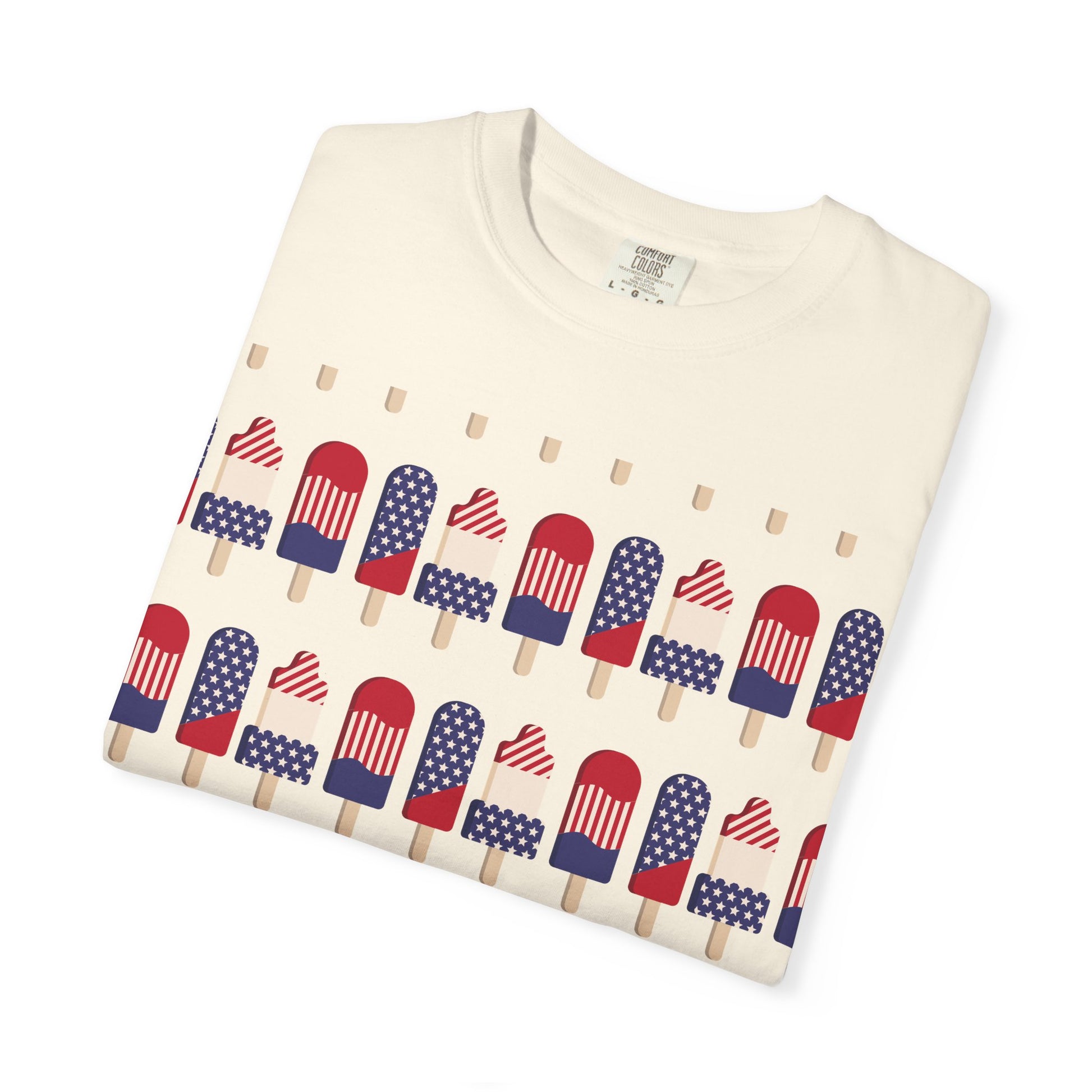 Ivory popsicle T-shirt with red, white, and blue flag popsicle graphic