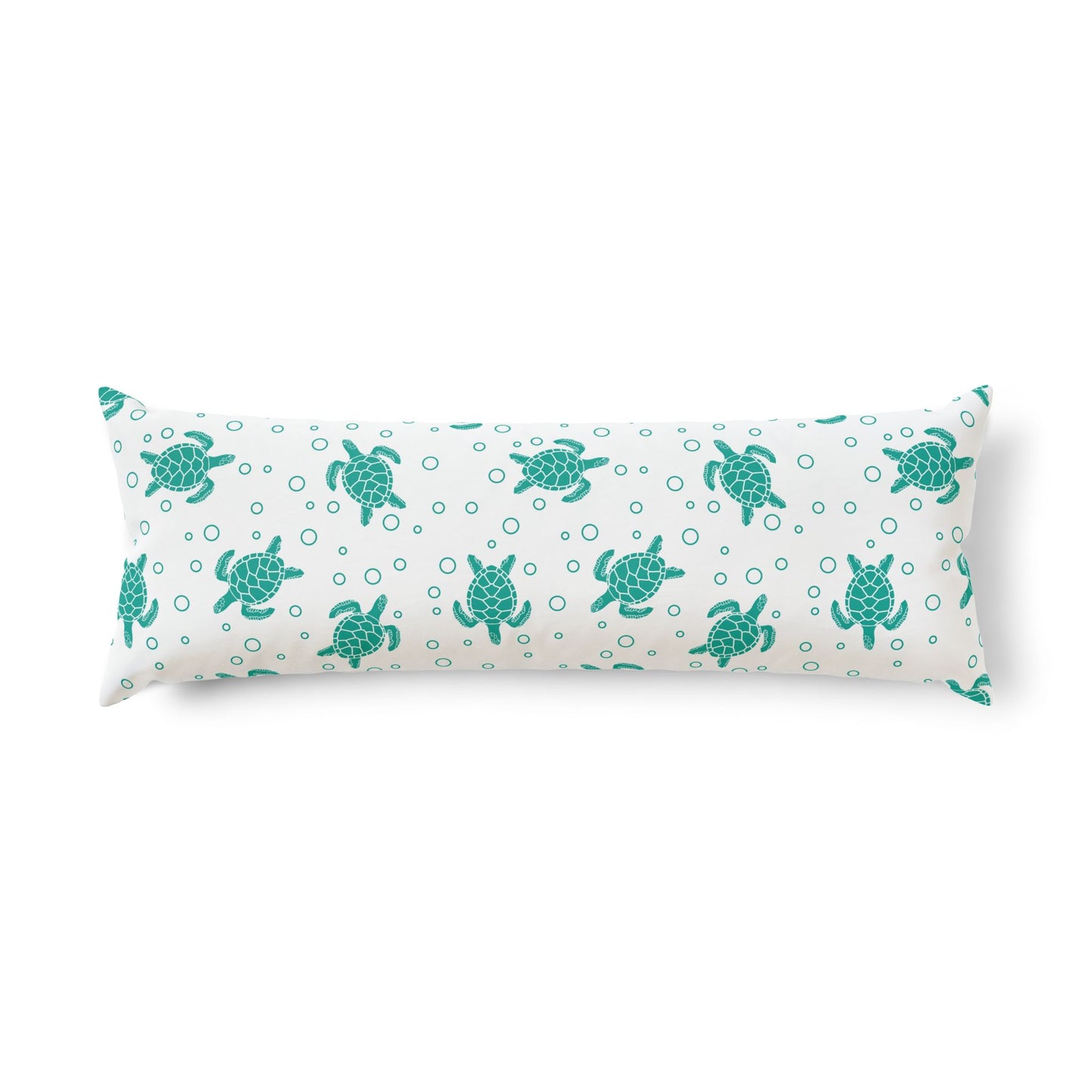 Coastal body pillow with teal turtle silhouettes and bubble motifs on pale fabric
