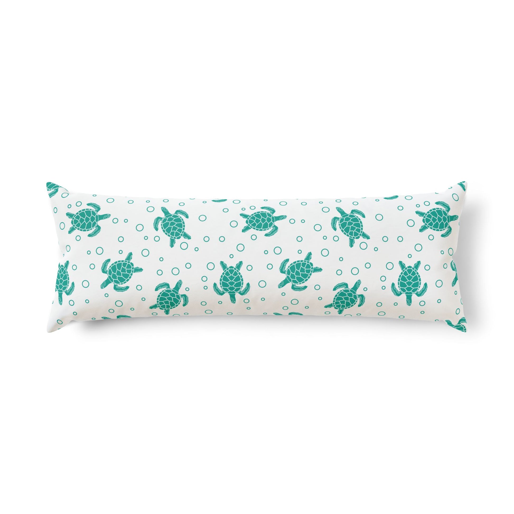 Coastal body pillow with teal turtle silhouettes and bubble motifs on pale fabric
