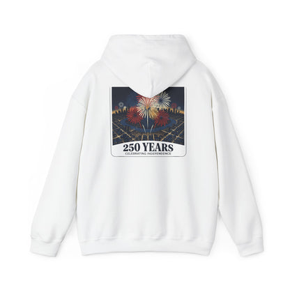 White pullover hoodie with fireworks “250 years” graphic on the back