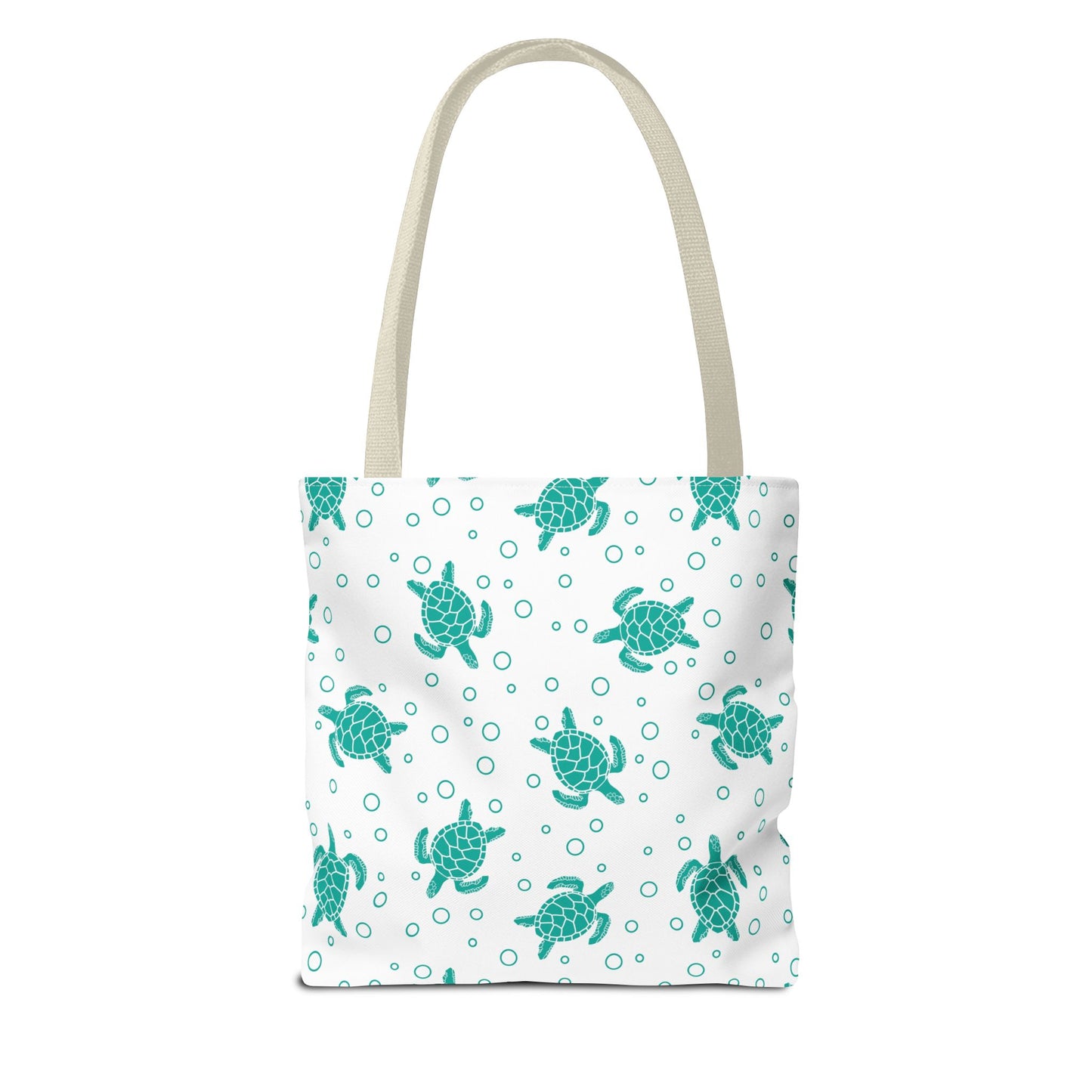 Sea turtle print tote bag with teal turtles on white, beige carry handles