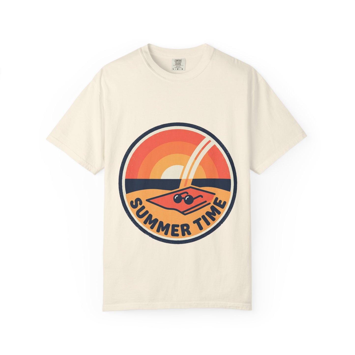 Ivory short-sleeve T-shirt with 'Summer Time' retro sunset surf graphic on front