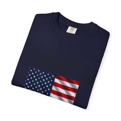 Unisex T-shirt, dark navy, “America” text over U.S. flag graphic on front