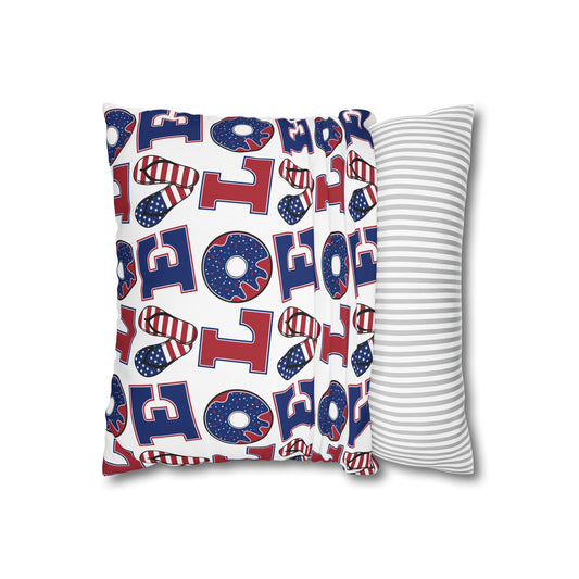 Pillowcase set: LOVE heart pattern on one cover, striped cover on the other