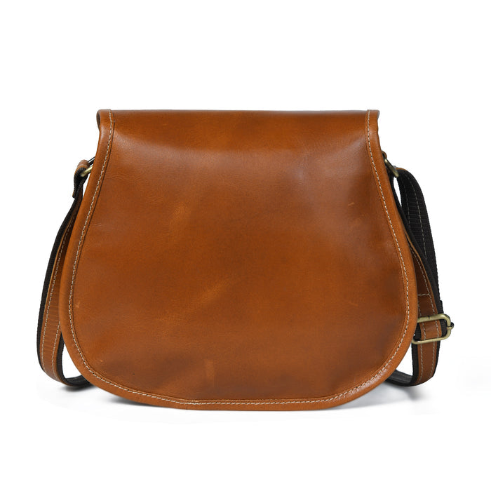 Brown leather sling bag with smooth front flap and adjustable side straps
