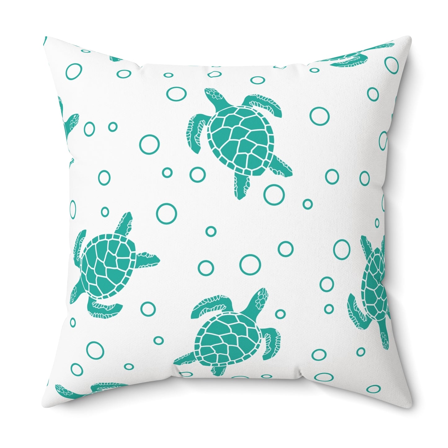 Square decorative pillow, teal sea turtles and outlined circle rings on white cover