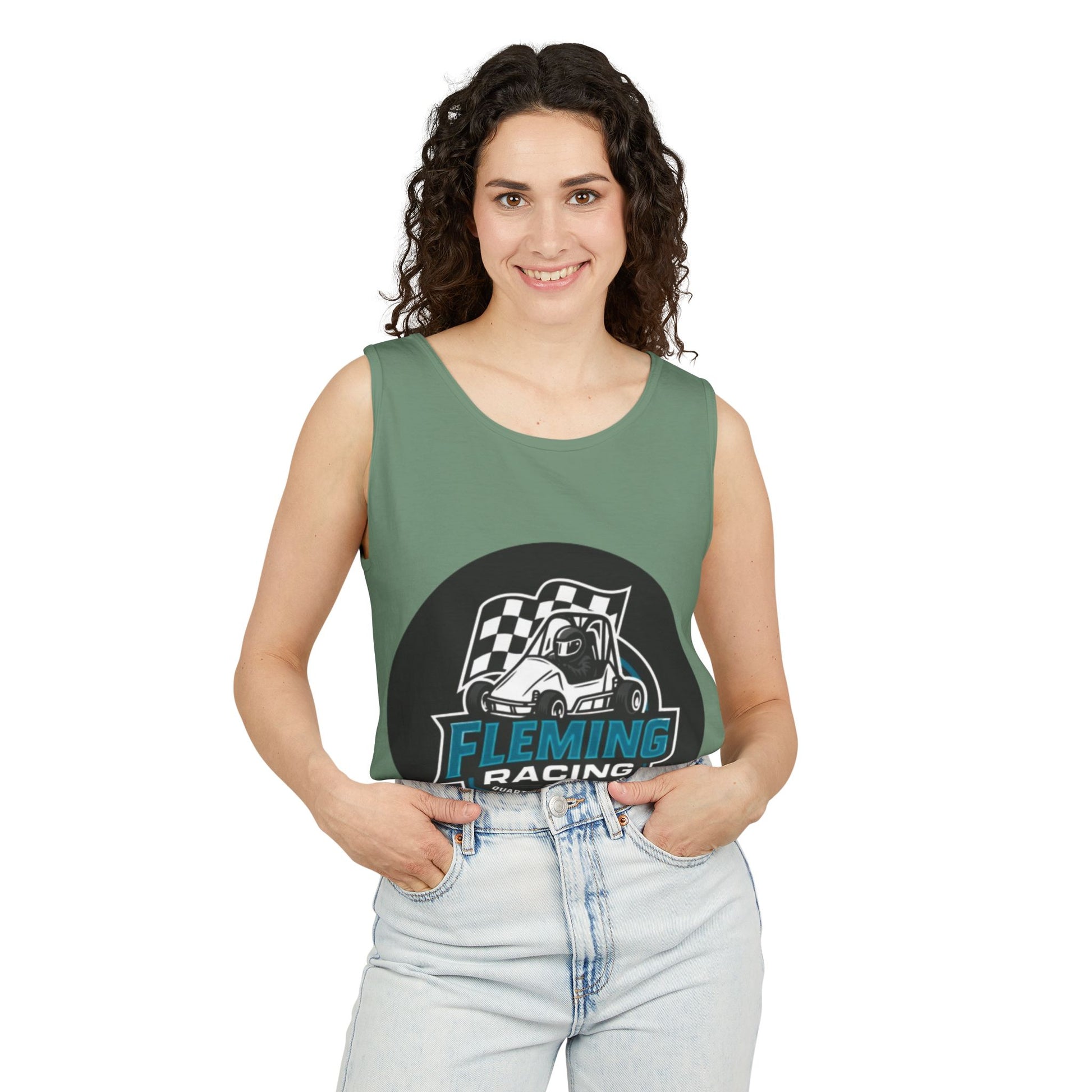 Green racing tank top with Fleming Racing motorsports graphic on the chest