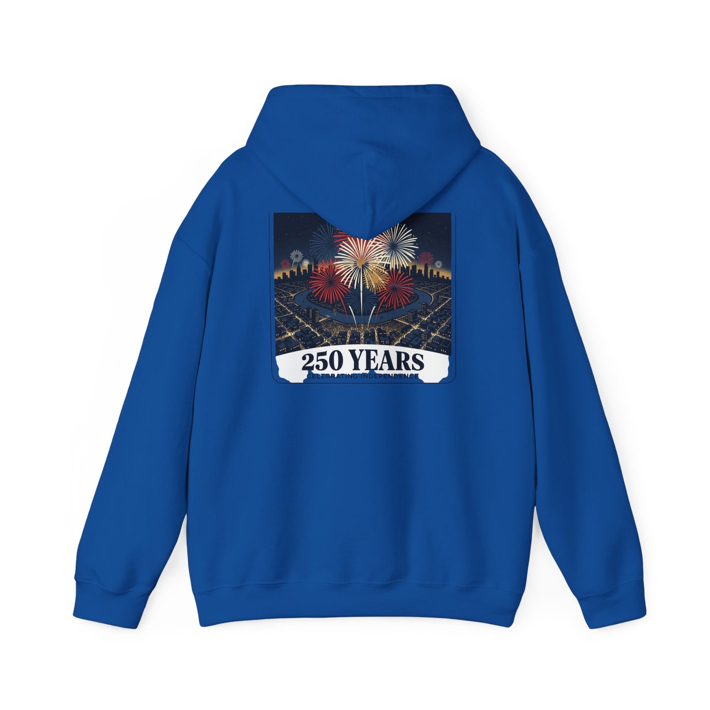 Royal blue graphic hoodie with back fireworks “250 years” print