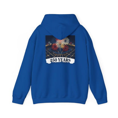 Royal blue graphic hoodie with back fireworks “250 years” print