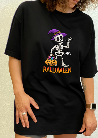 Black unisex T-shirt with short sleeves and Halloween skeleton graphic, front center