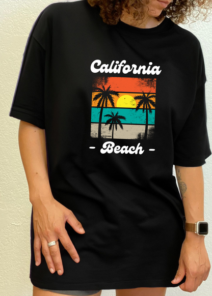 Unisex graphic T-shirt, black with 'California Beach' palm print