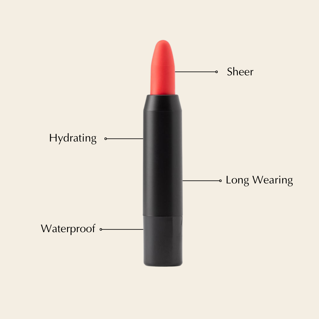 Lip crayon balm pencil in black tube with coral red tip