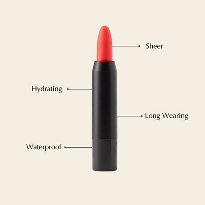 Lip crayon balm pencil in black tube with coral red tip