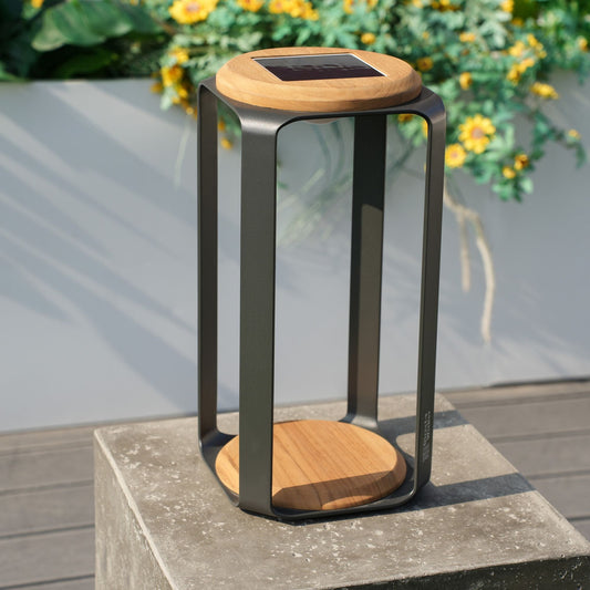 16.81"/12.01"H Outdoor lighting Aluminum Solar LED Lantern with Teak, USB Charging - Renee Lane Company