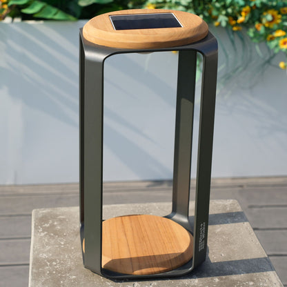 16.81"/12.01"H Outdoor lighting Aluminum Solar LED Lantern with Teak, USB Charging - Renee Lane Company