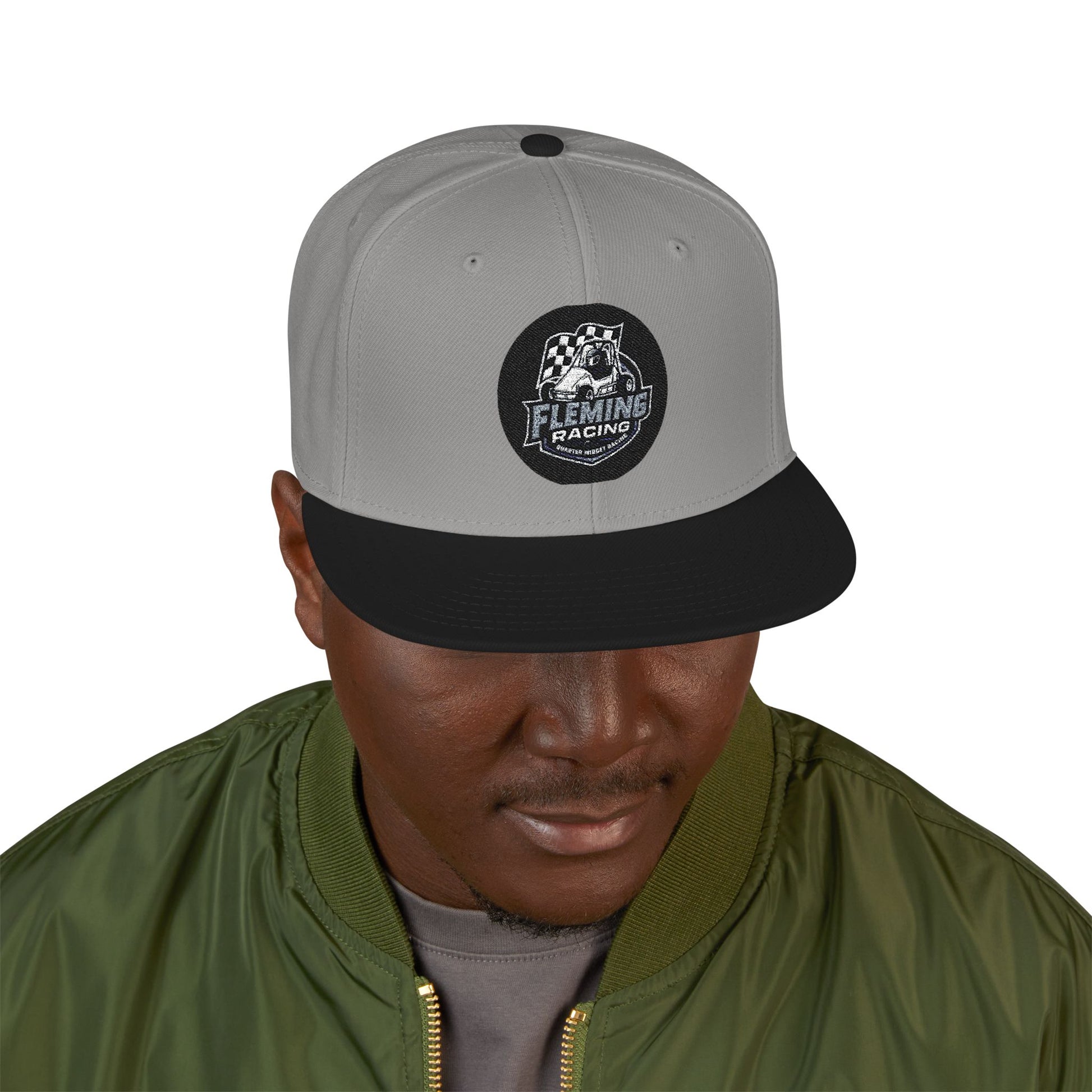 Embroidered patch baseball cap, light gray with black brim and front logo