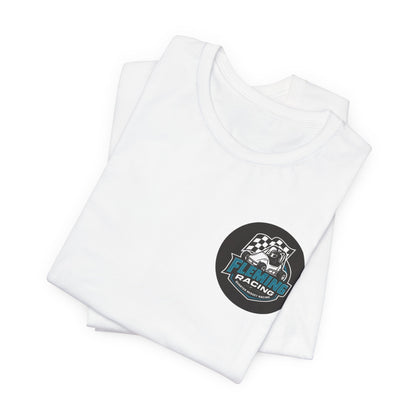 White crew-neck T-shirt with Fleming Racing logo patch on chest, folded
