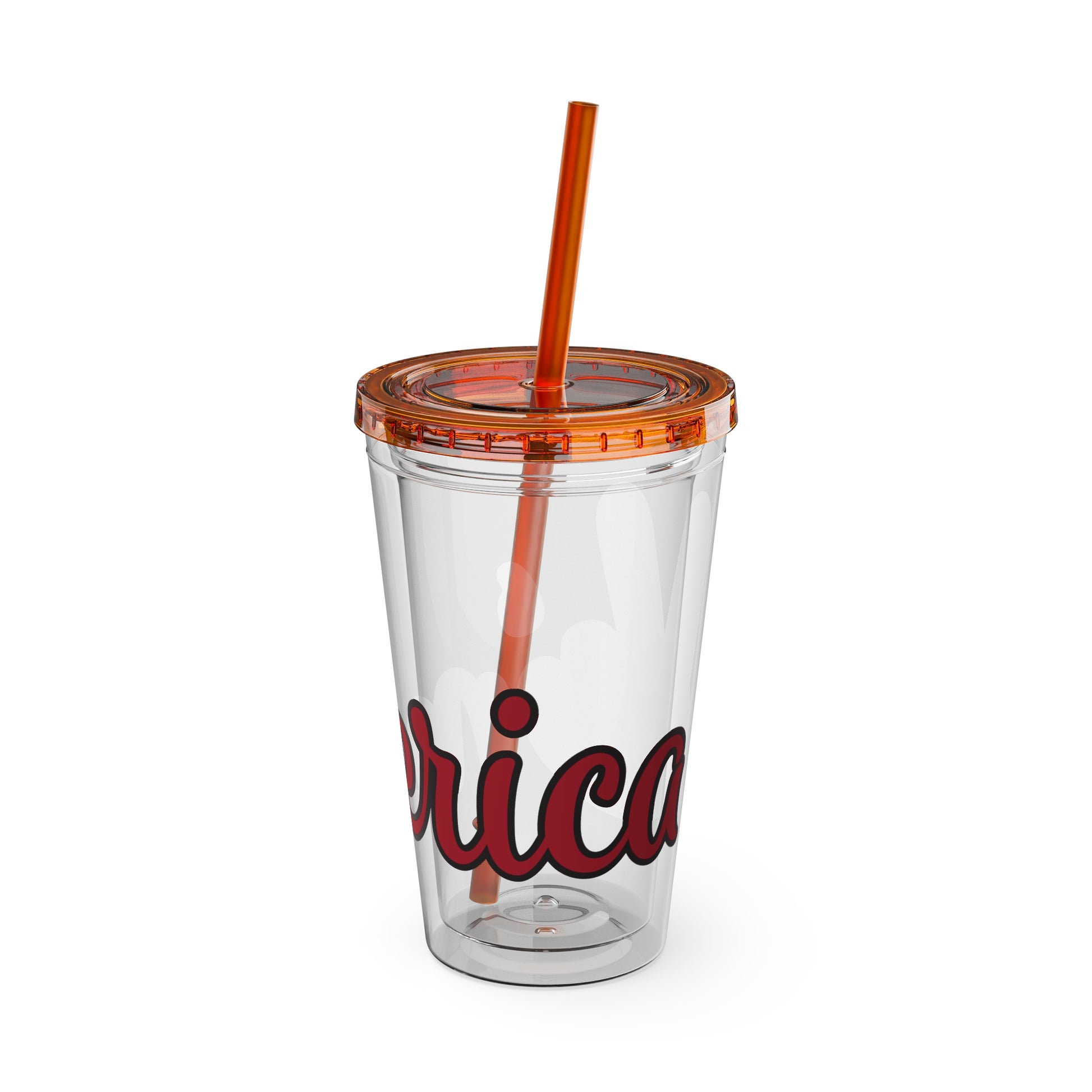 Clear 16oz tumbler with orange straw and red script graphic