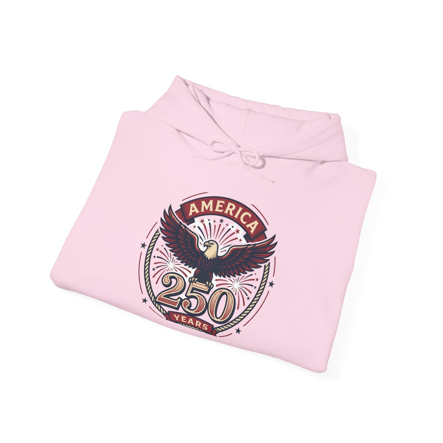 Pink hoodie with chest graphic showing eagle and circular "AMERICA 250 YEARS" art