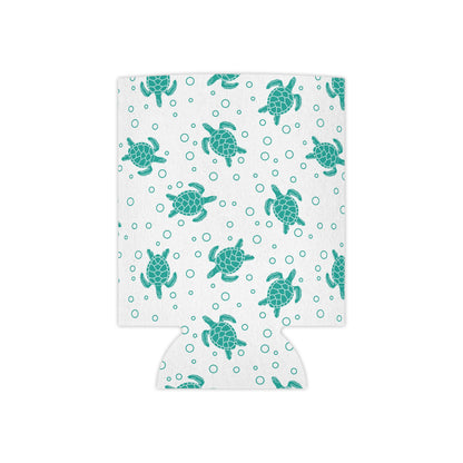 Turquoise sea turtle can cooler sleeve with allover turtle and dot pattern