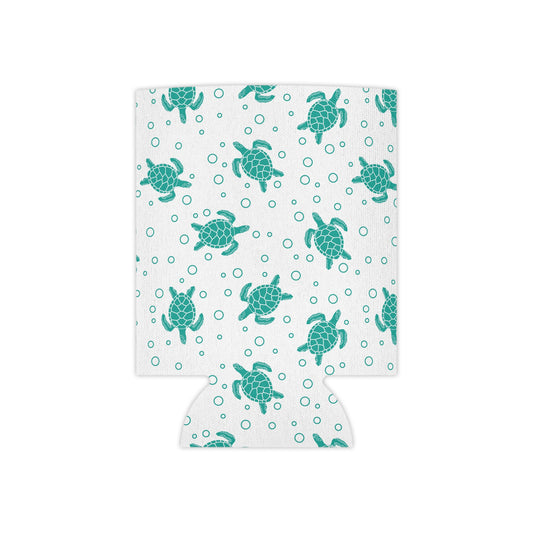 Turquoise sea turtle can cooler sleeve with allover turtle and dot pattern
