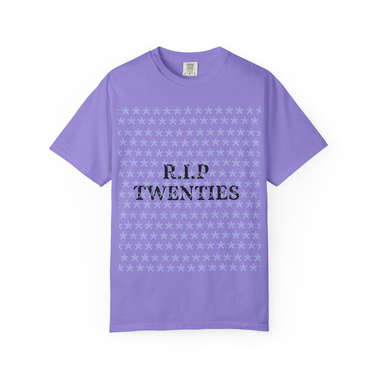 Violet unisex garment-dyed T-shirt with 'R.I.P TWENTIES' front print
