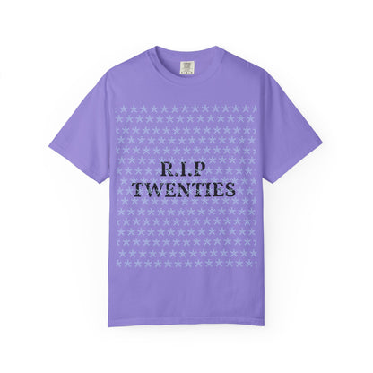 Violet unisex garment-dyed T-shirt with 'R.I.P TWENTIES' front print