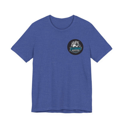 Blue racing logo T-shirt with circular car emblem on chest
