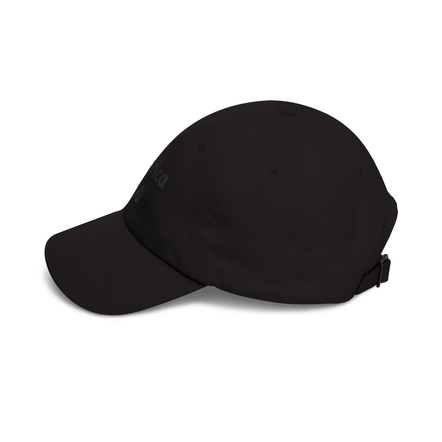 Black dad cap with curved brim and side hardware loop