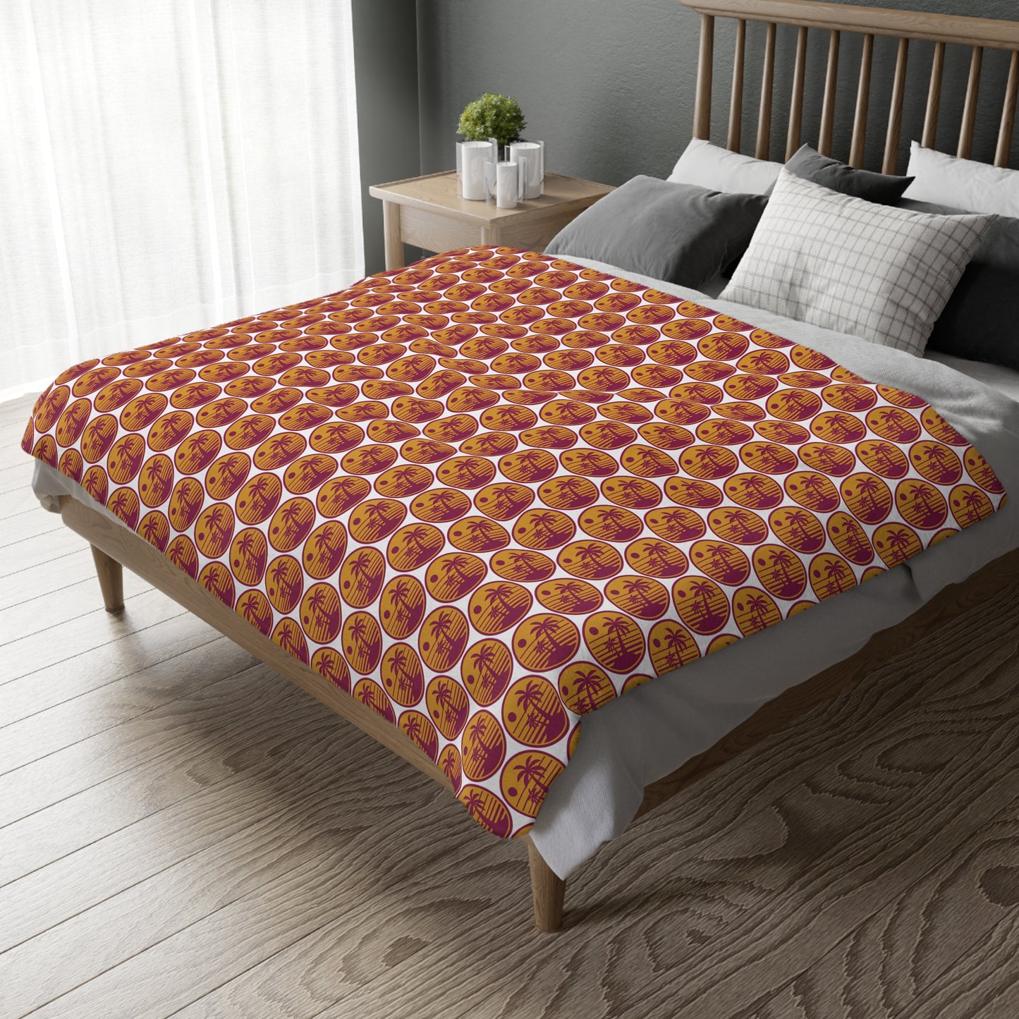 Pumpkin-pattern throw blanket in orange with cream and gold motifs