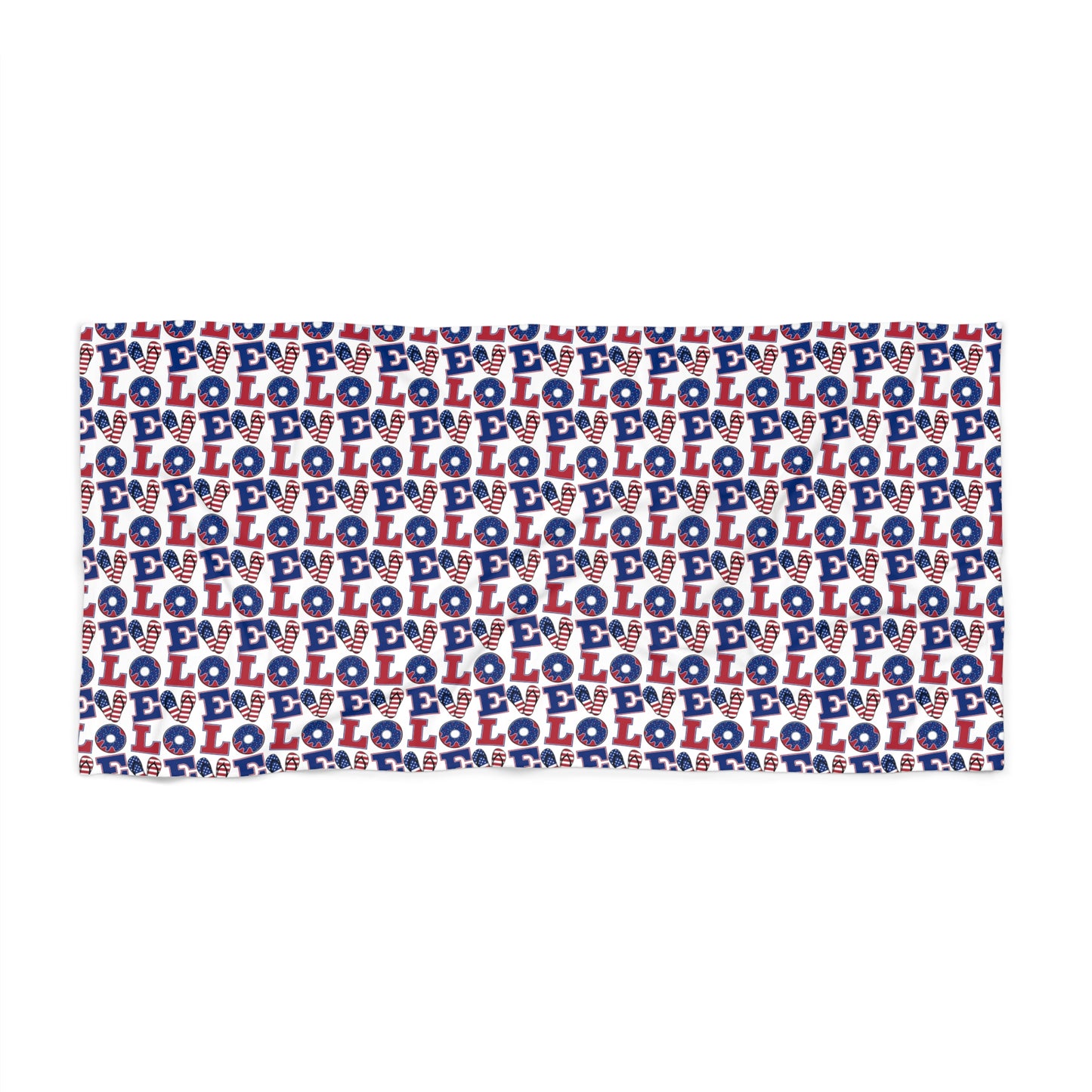 Rectangular beach towel laid flat, repeating LOL icons in red, white, and blue