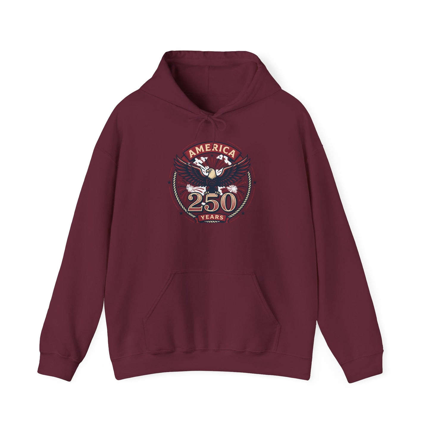 Maroon pullover hoodie with eagle and “250 Years” graphic on chest