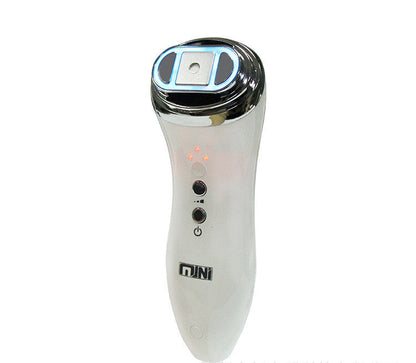 Handheld facial beauty apparatus, white body, chrome head with blue LED ring and indicator lights