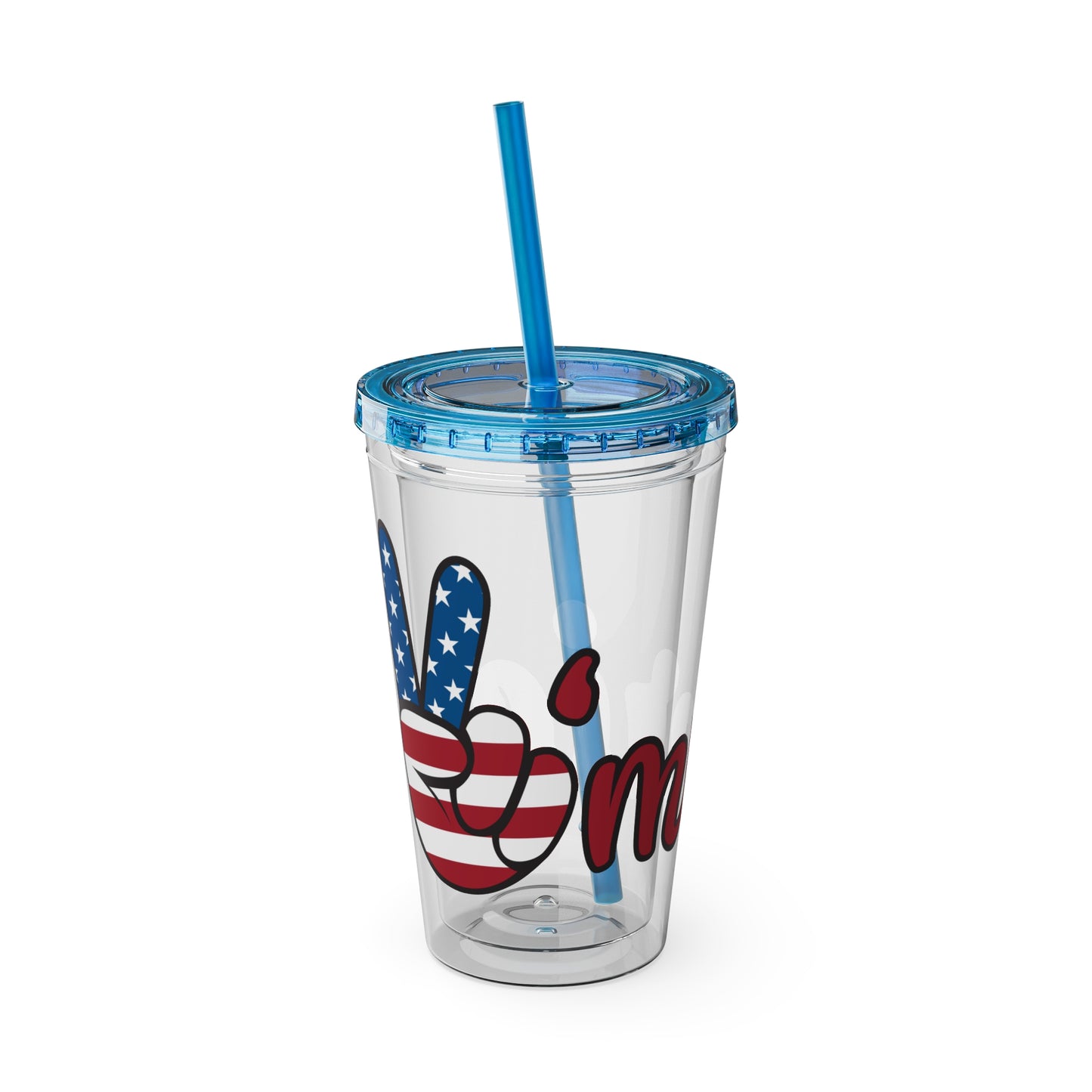 16oz clear tumbler, light blue lid and straw, blue/red star 'm' graphic