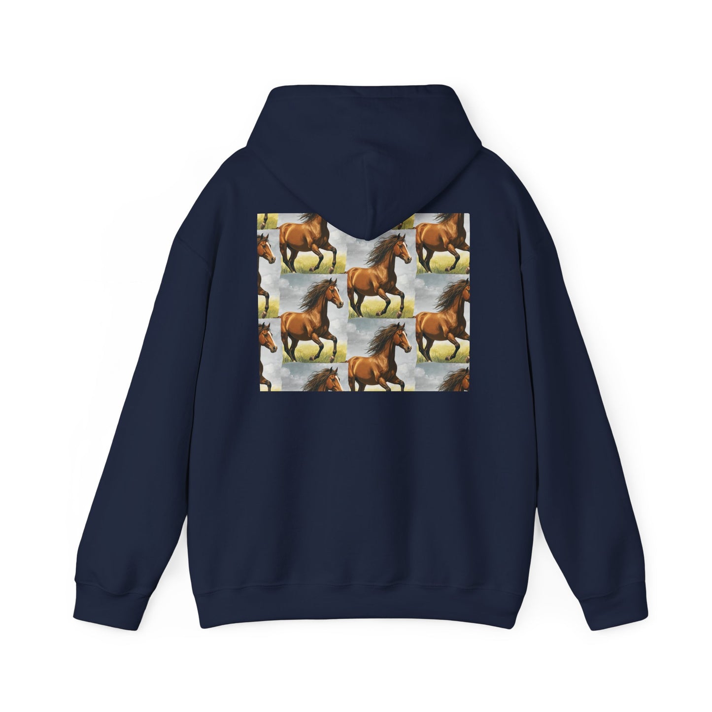 Navy horse pattern hoodie with centered graphic panel on the back
