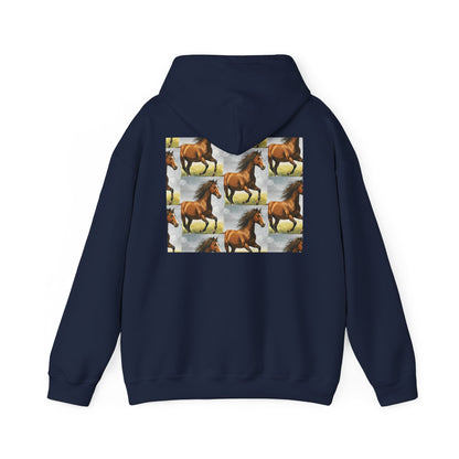 Navy horse pattern hoodie with centered graphic panel on the back