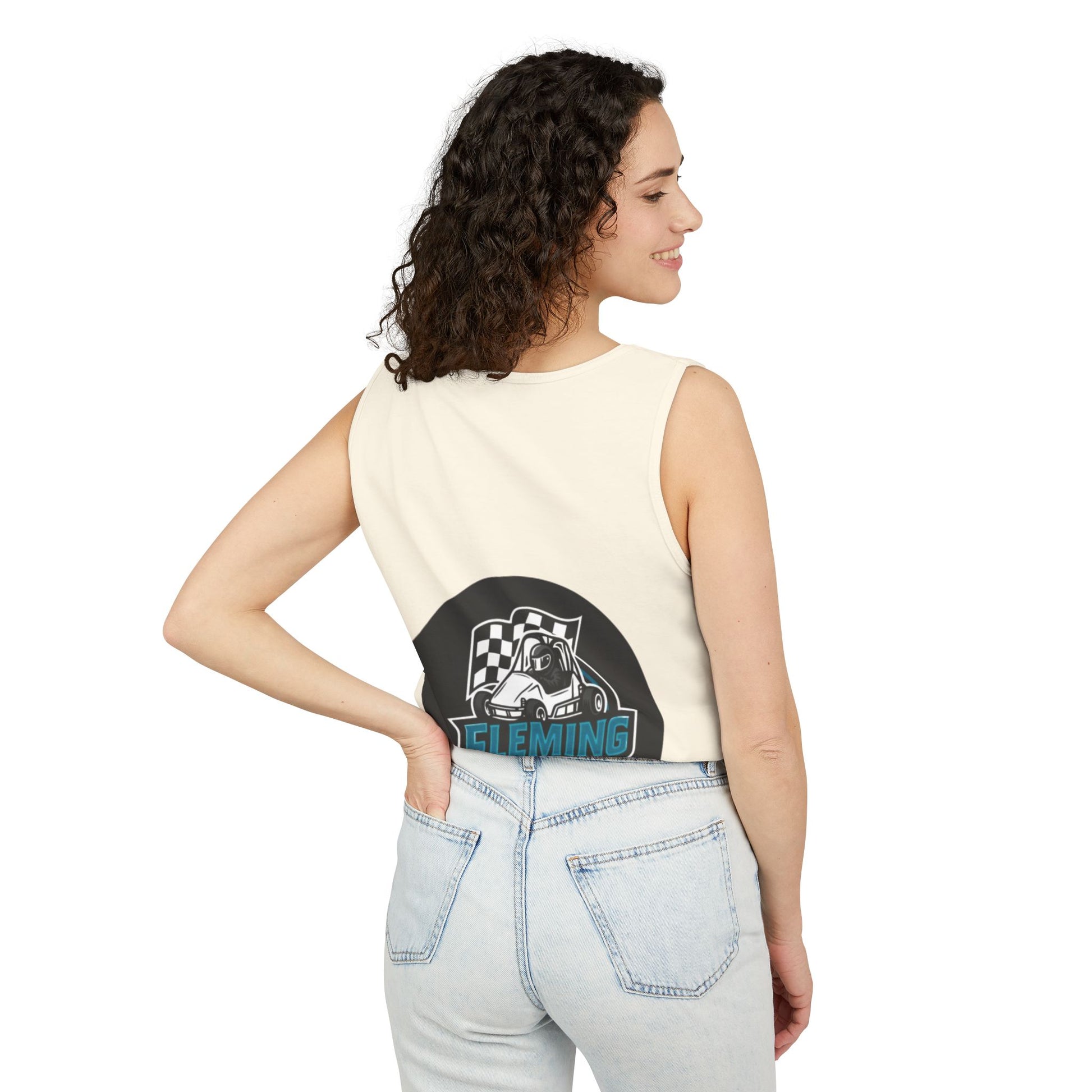 Ivory racing tank top with round motorsports graphic print on back