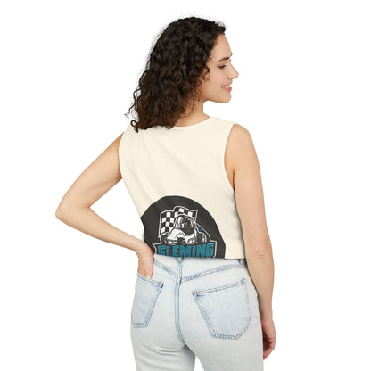 Ivory racing tank top with round motorsports graphic print on back