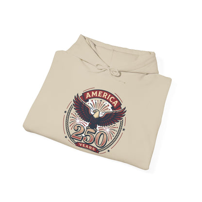 Beige hoodie with eagle “America 250 Years” graphic on chest