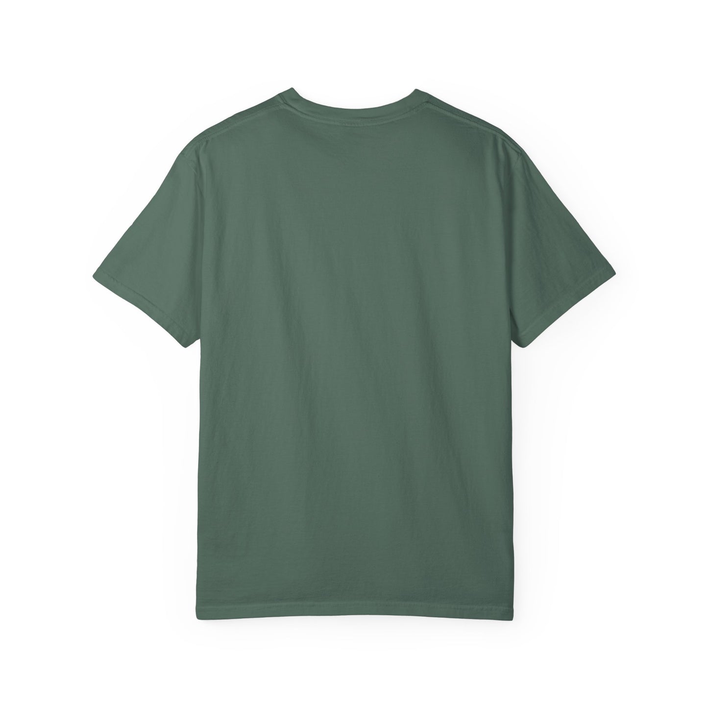 Green T-shirt with crew neck and short sleeves, no visible graphic.