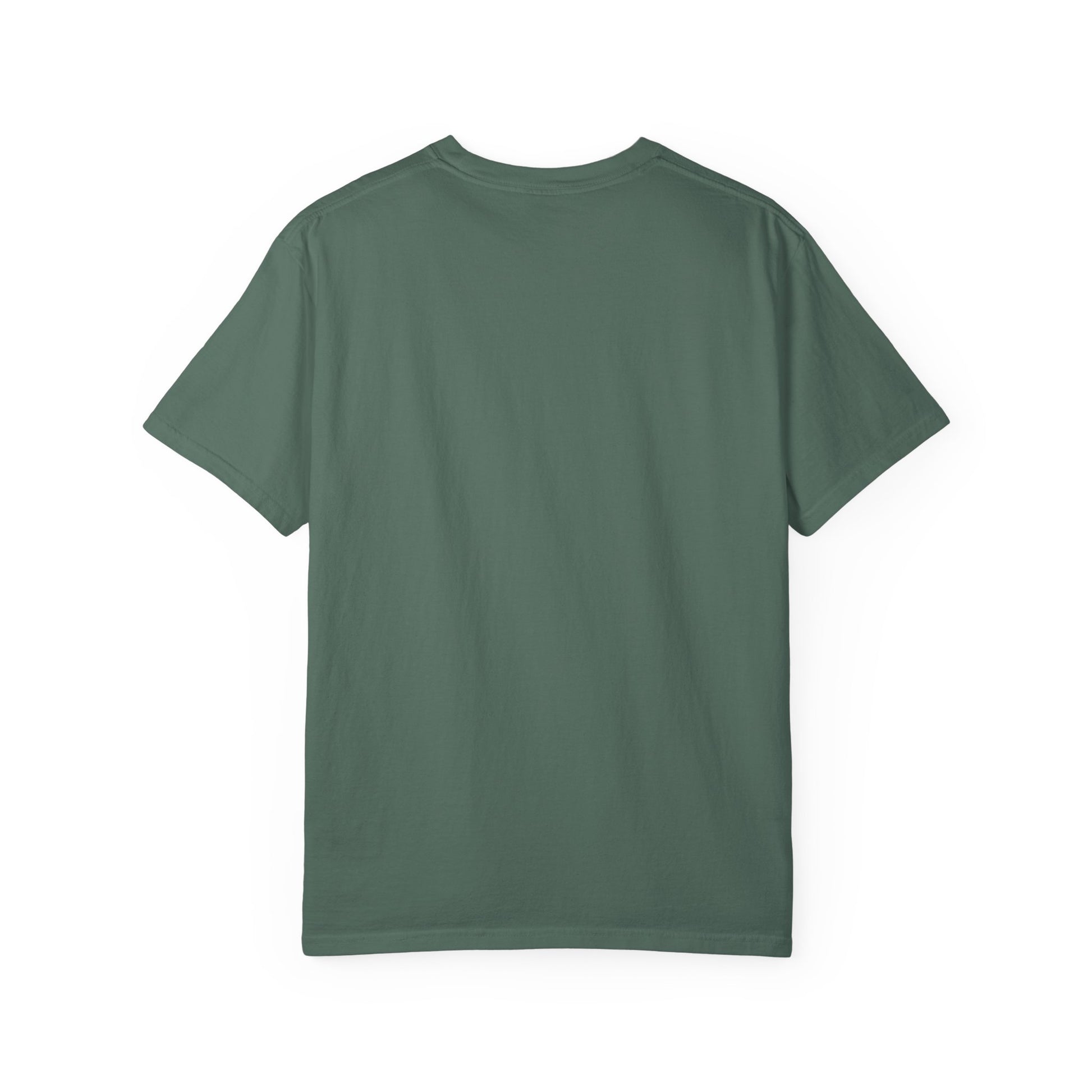 Green T-shirt with crew neck and short sleeves, no visible graphic.