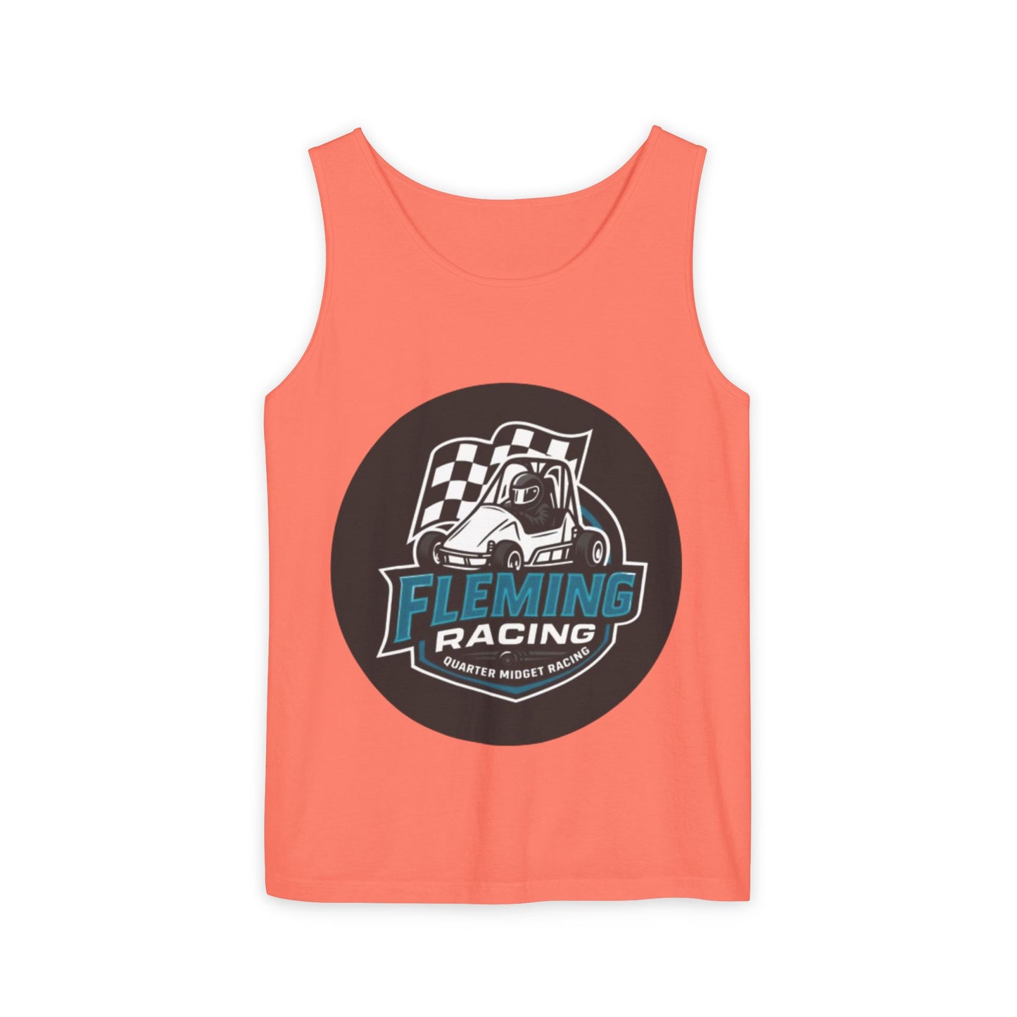 Salmon orange racing tank top with round Fleming Racing graphic and checkered car logo