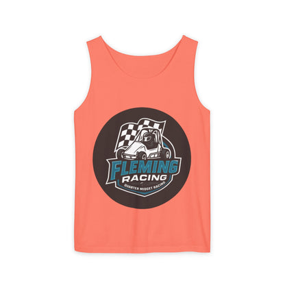 Salmon orange racing tank top with round Fleming Racing graphic and checkered car logo