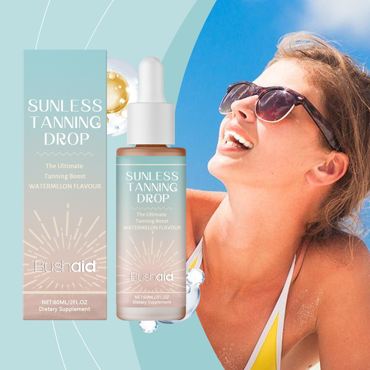 Sunless tanning drop oral bottle and box beside smiling woman in sunglasses