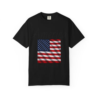 Black unisex t-shirt with centered U.S. flag rectangle graphic