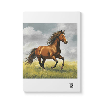 Softcover notebook with running brown horse cover art and small QR code
