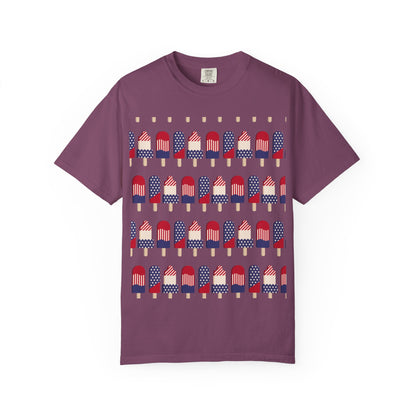 Plum popsicle T-shirt with red, white, and blue flag popsicle graphic