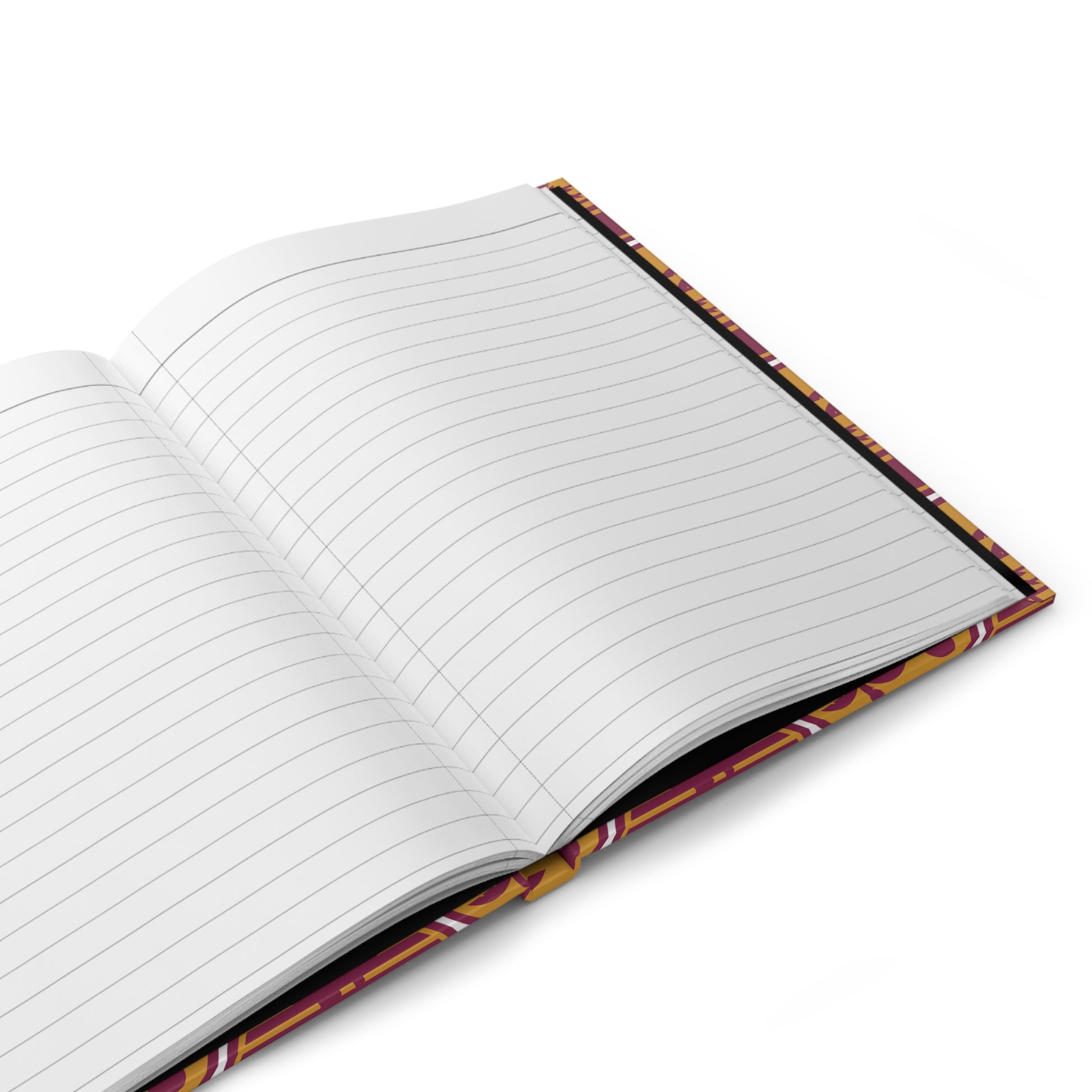 Hardcover journal opened to lined pages; patterned covers with retro palm circle design.