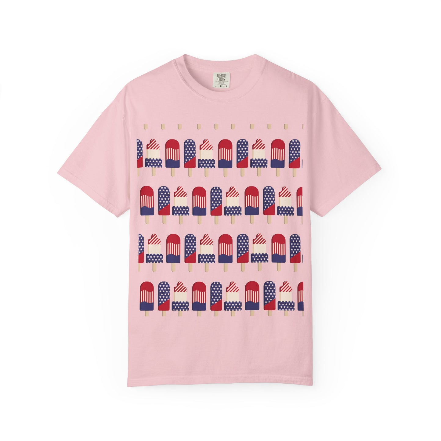 Light pink popsicle T-shirt with red, white, and blue flag popsicle graphic
