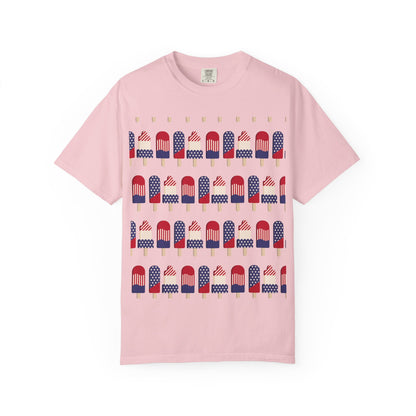 Light pink popsicle T-shirt with red, white, and blue flag popsicle graphic